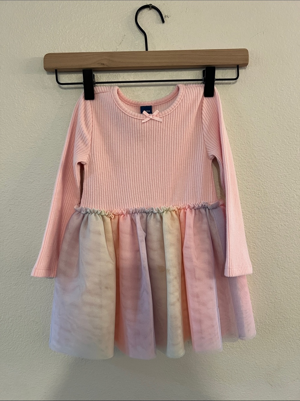 Old Navy Pink Ribbed Long-Sleeve Dress with Pastel Rainbow Tulle Skirt